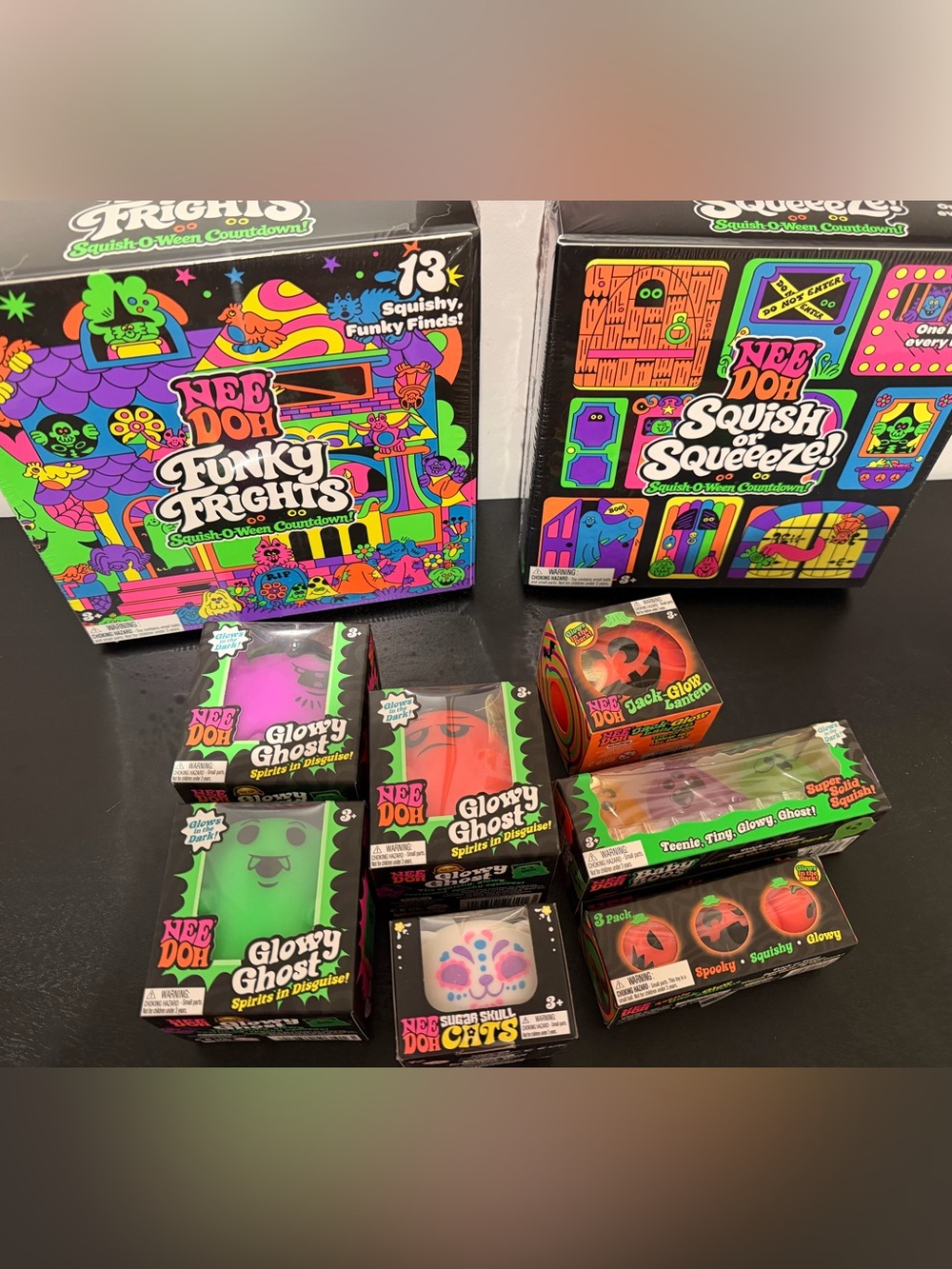 Needoh authentic funky frights squish or squeeze glowy ghost set jacks